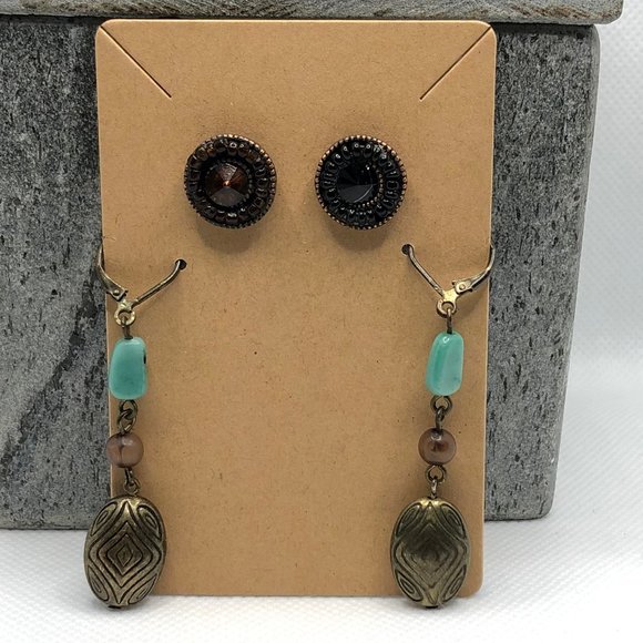 Fashion Jewelry Jewelry - Two Pair Antiqued Gold Tone Earrings
